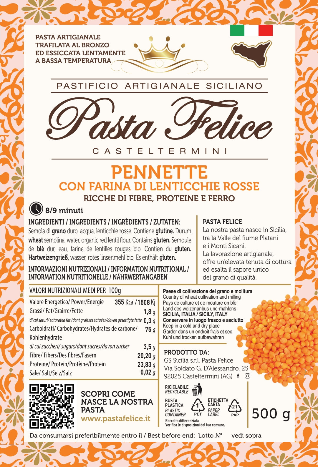 Pennette con Lenticchie Rosse